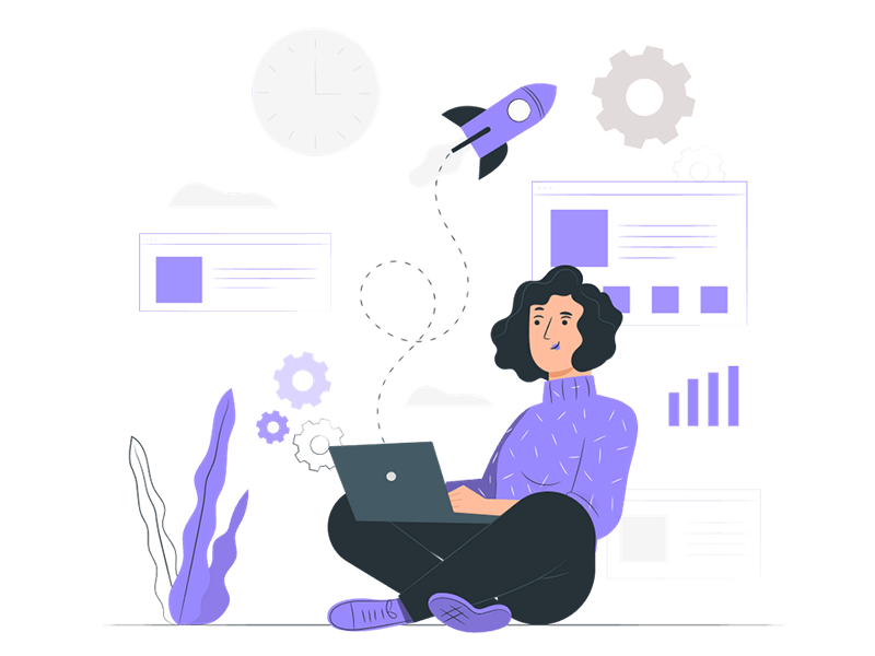 woman in purple sweater with rocket soaring behind her